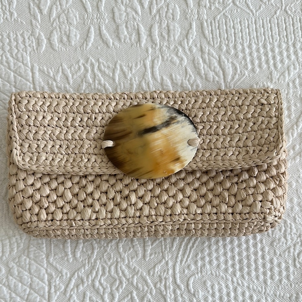 Tan Woven Rafia Clutch